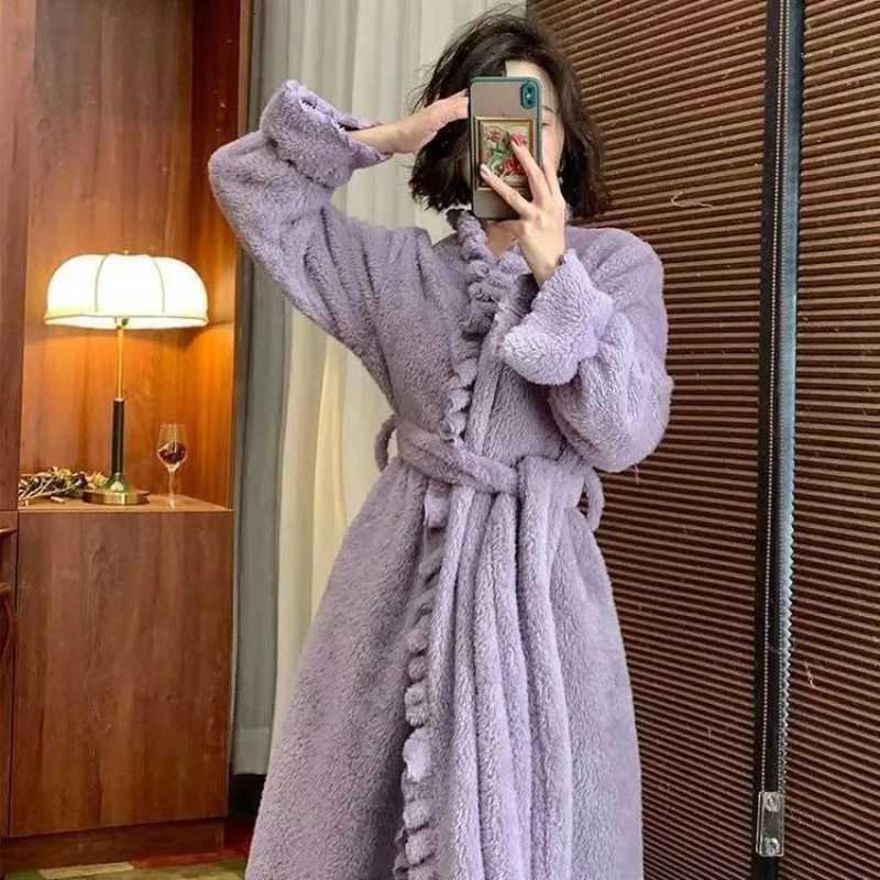 Belt Robe for Women Sleepwear Winter Nightdress Night Wears Warm Fleece Pajama One Piece Nightgown Hooded Sleeping Homewear New C251115