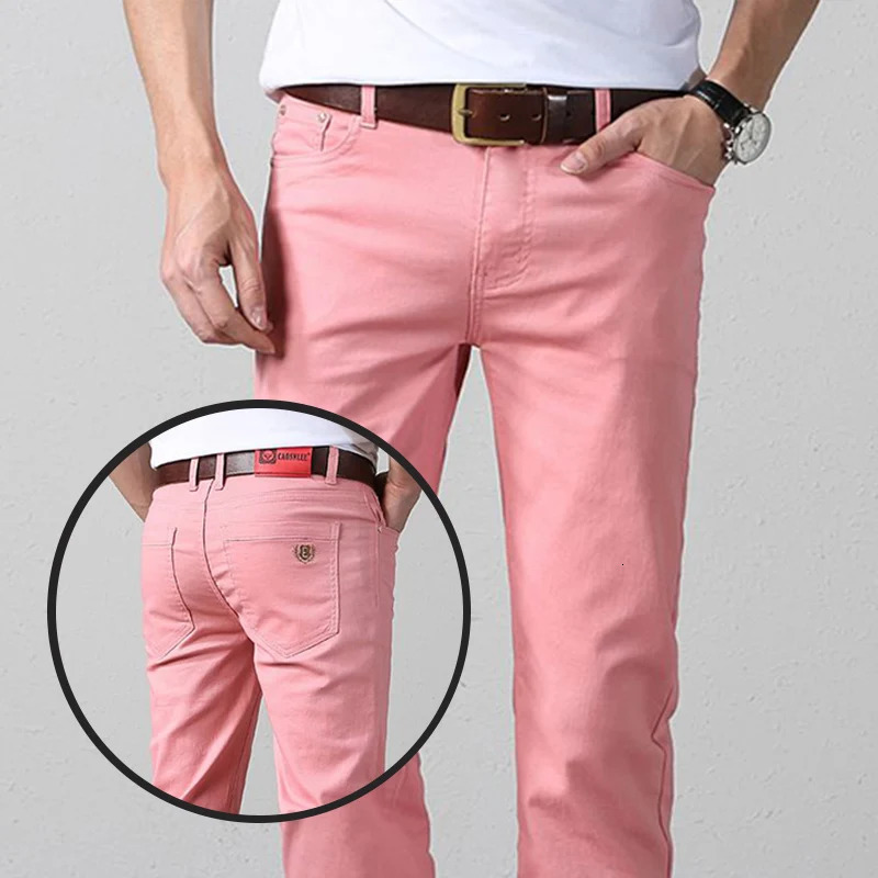 Mens denim pants color pink fashionable business casual classic Trouser mens ultrathin red straight leg 250414Z