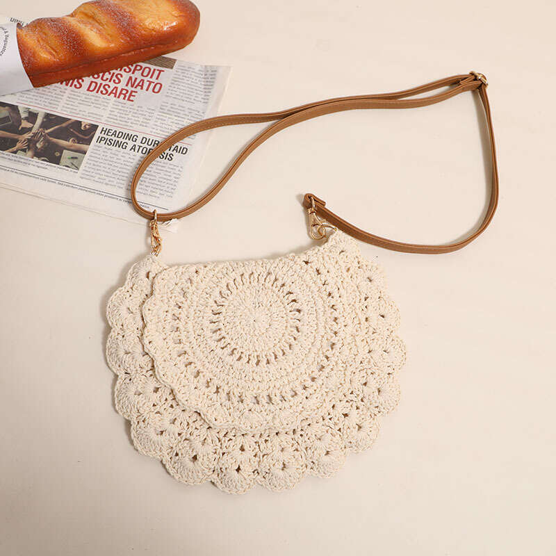 Handmade Beach Bag Lace Crossbody Cotton Thread Hollowed Out One Shoulder Grass Woven Vacation Style Beach Bag, Versatile Women's Bag Kq2
