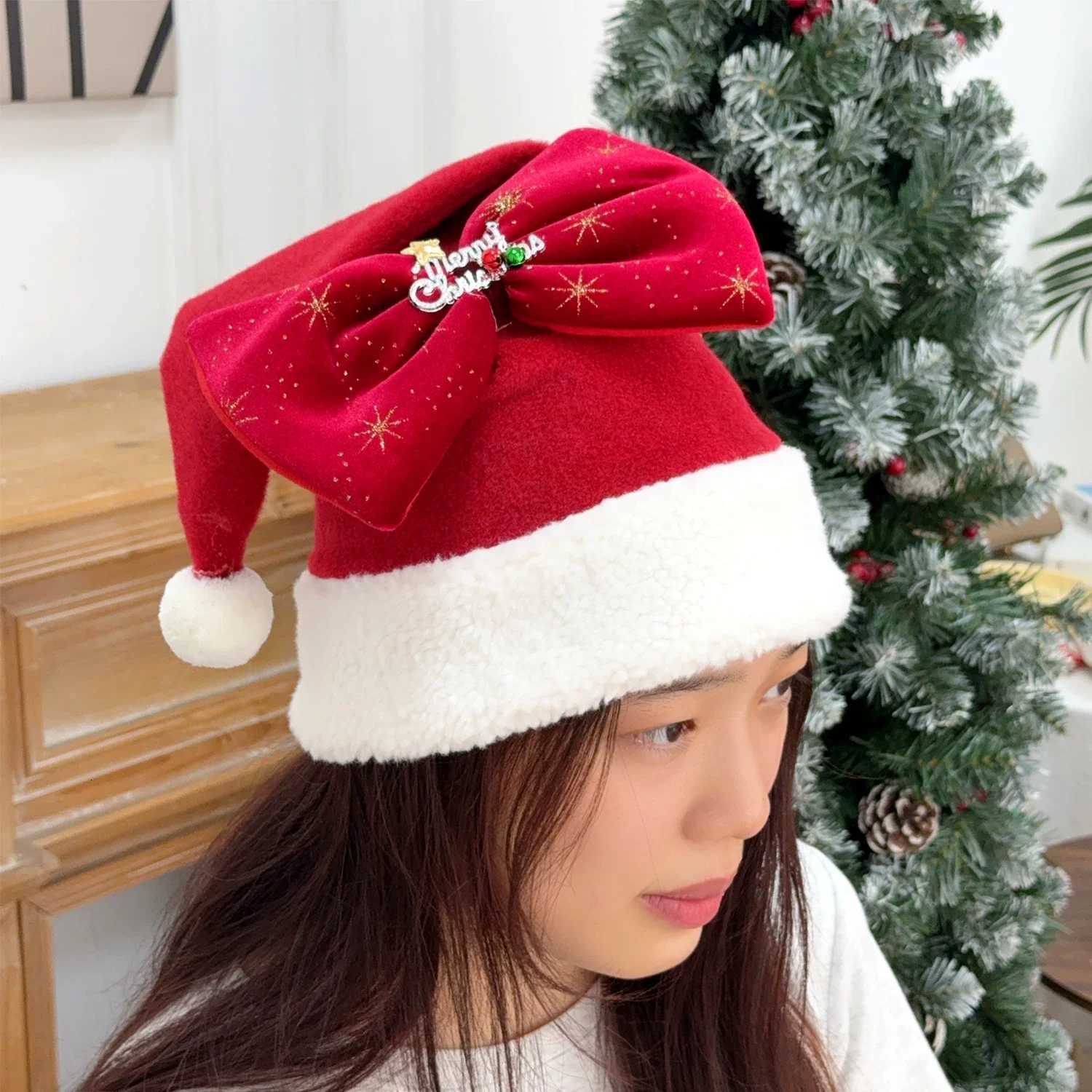 4/1x Soft Velvet Plush Large Bow Santa Claus Hat Caps Merry Christmas Hats for Women Adults Thickened New Year Party Decor Gift Y251115