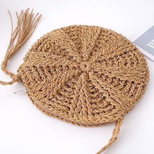 Handmade Beach Bag Trendy Season Football Simple Round Tassel Windmill Small Hand-Held Diagonal Cross Beach Bag, Crochet Woven Bag Kq2