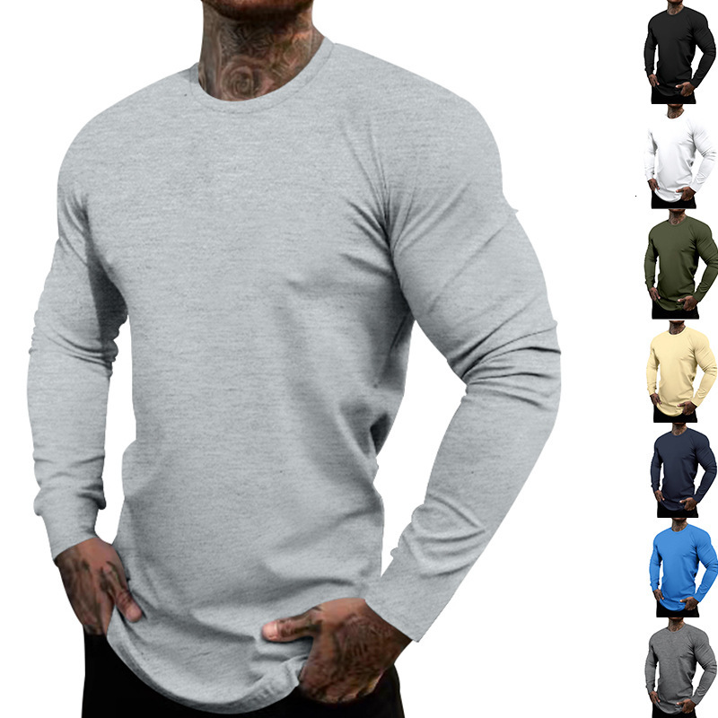 Men's new spring and autumn round neck long sleeved men's T-shirt casual solid color base shirt