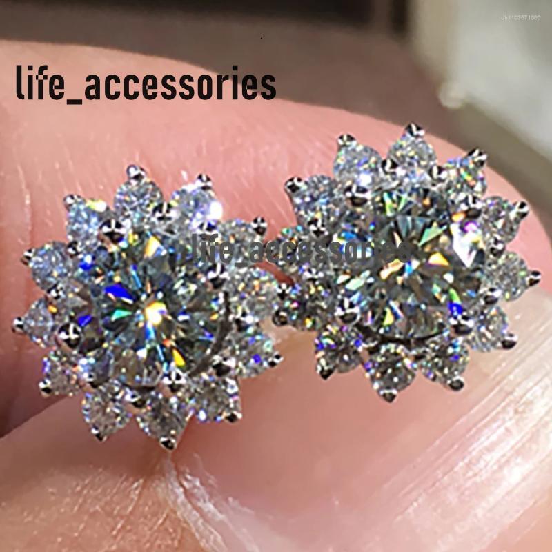 Stud Earrings Custom Solid 14K White Gold 2 Carat Women Wedding Anniversary Engagement Party Round Sunflower Moissanite Diamond