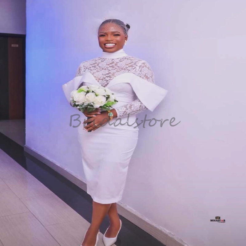 Minimalist Black Girls Short Wedding Dress With Lace Long Sleeve Nigeria African Knee Length Bride Dress Boho Civil Bridal Dress 2025 Vestio De Novias