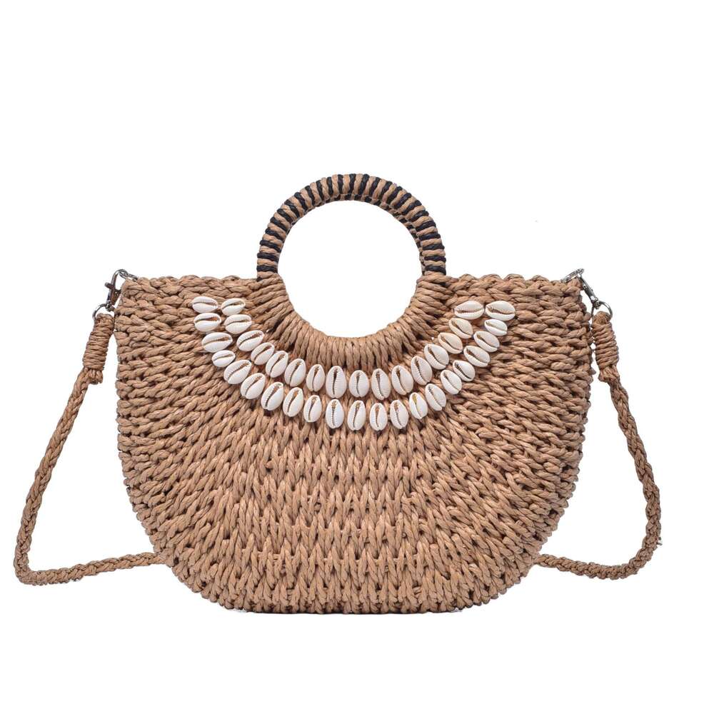 Handmade Beach Bag Medium Handmade Straw Black Handle Round Bucket Decorated With Seashell Semi Circular Beach Vacation Street Fashion Woven Crossbody