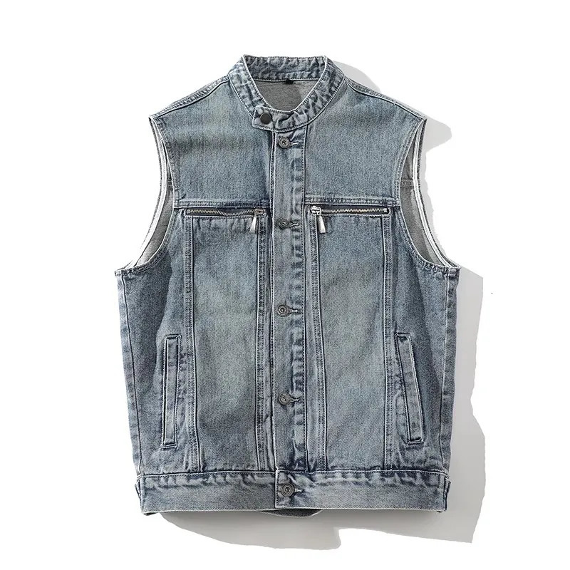 Autumn Denim Vest Men Sleeveless Vintage Moto Biker Jean Jacket Coat Fashion Casual Mens Stand Collar Denim Waistcoat Streetwear 250409