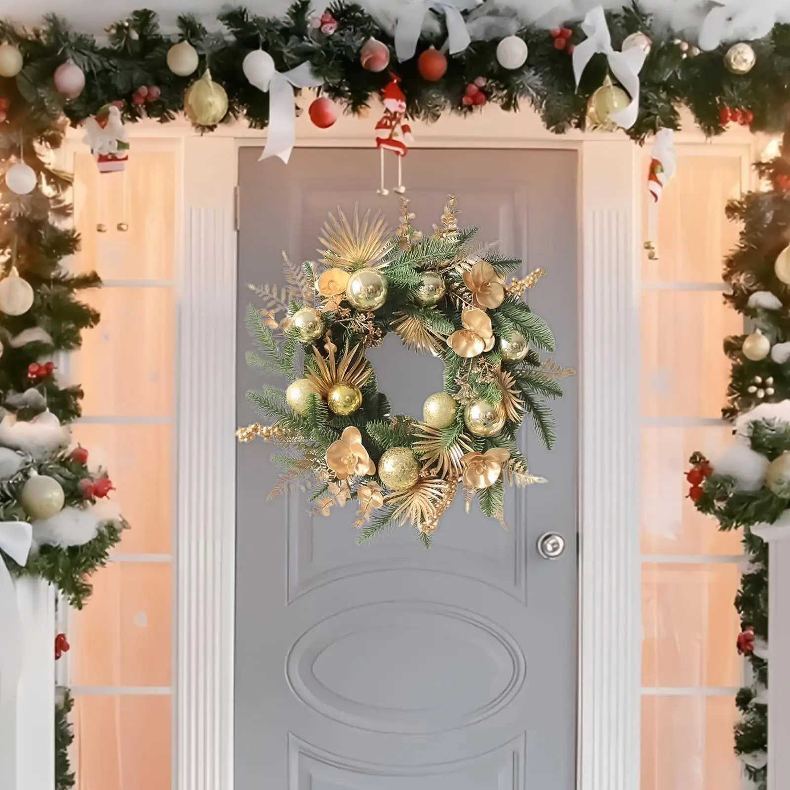 Christmas Wreath Outdoor Artificial Home Decor Golden Ball Pine Front Door Wreath For Wall Fireplace Bedroom Living Room OfficeM251115