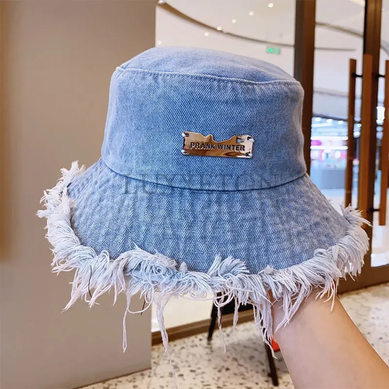 Summer unisex tassel washed denim bucket hat for women fashionable wide brown foldable Panama hat outdoor beach fisherman hat 250409