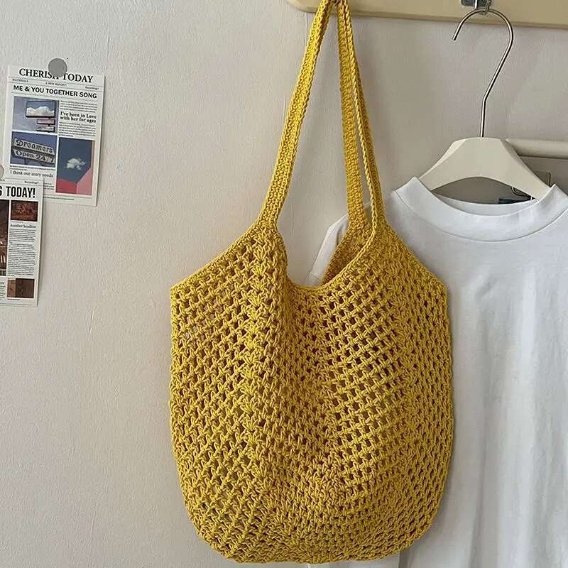 Leisure Large Capacity Cotton Woven Hollow Straw Shoulder Holiday Beach Bag