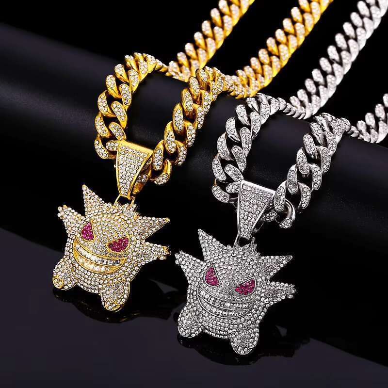 DHCollections Iced Out Pendant Necklace for Men Hip Hop Cuban Link Chain with Bling Ghost Anime Charm Silver Color 18 Inch Rapper Jewellery 1 Piece