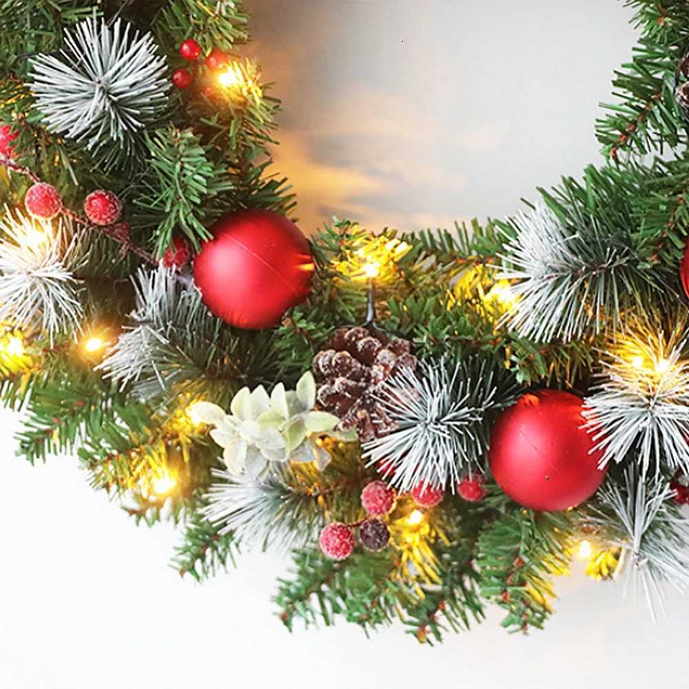 Led Christmas Wreath 40CM Artificial Pinecone Red Berry Garland Hanging Ornaments Front Door Wall Decorations Xmas Tree WreathM251115