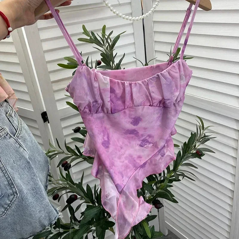 s Sweet Ruffles Mesh Camisole Top Lady Camis Sleeveless Printed Floral T shirts Stretch Slim Tanks For Slim Women 250415