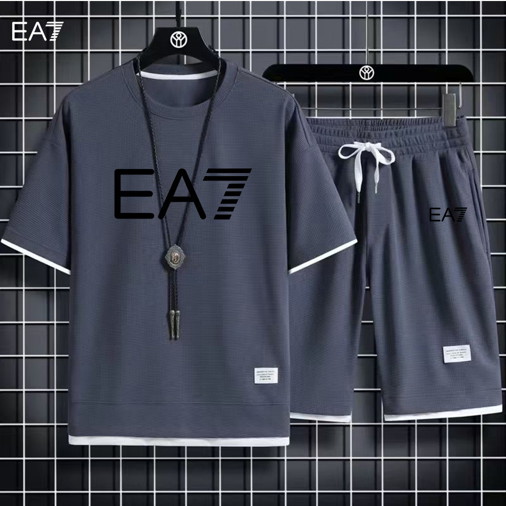 Summer new waffle style mens short sleeved suit mens Korean version youth handsome short sleeved shorts casual two-piece set trendy