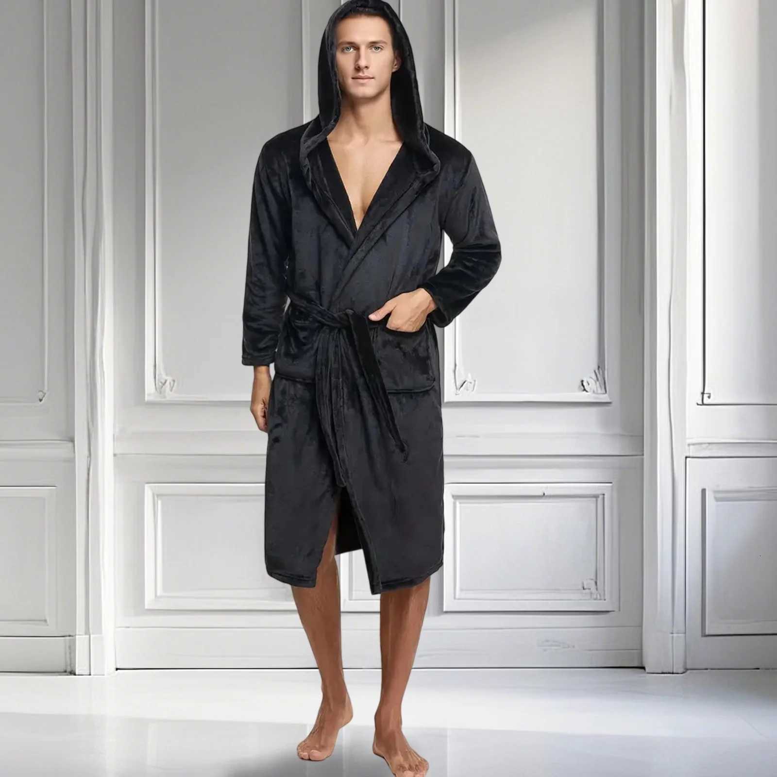 Mens Plush Fleece Hooded Robe Soft Warm Long Bathrobe with Pockets Cozy Spa Shower Robe C251115