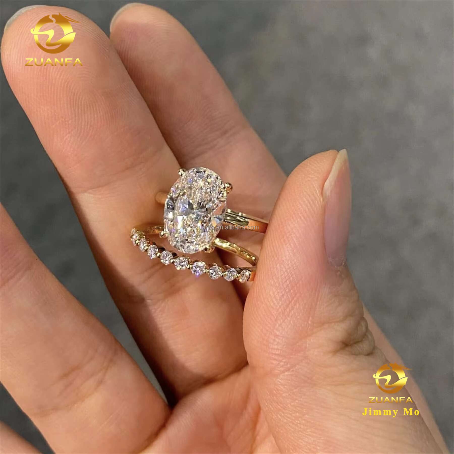 Custom Elegant Style 14k Solid Gold IGI Certificates Bridal Jewelry 3Ct CVD Lab Grown Diamond Oval Engagement Band Ring Set