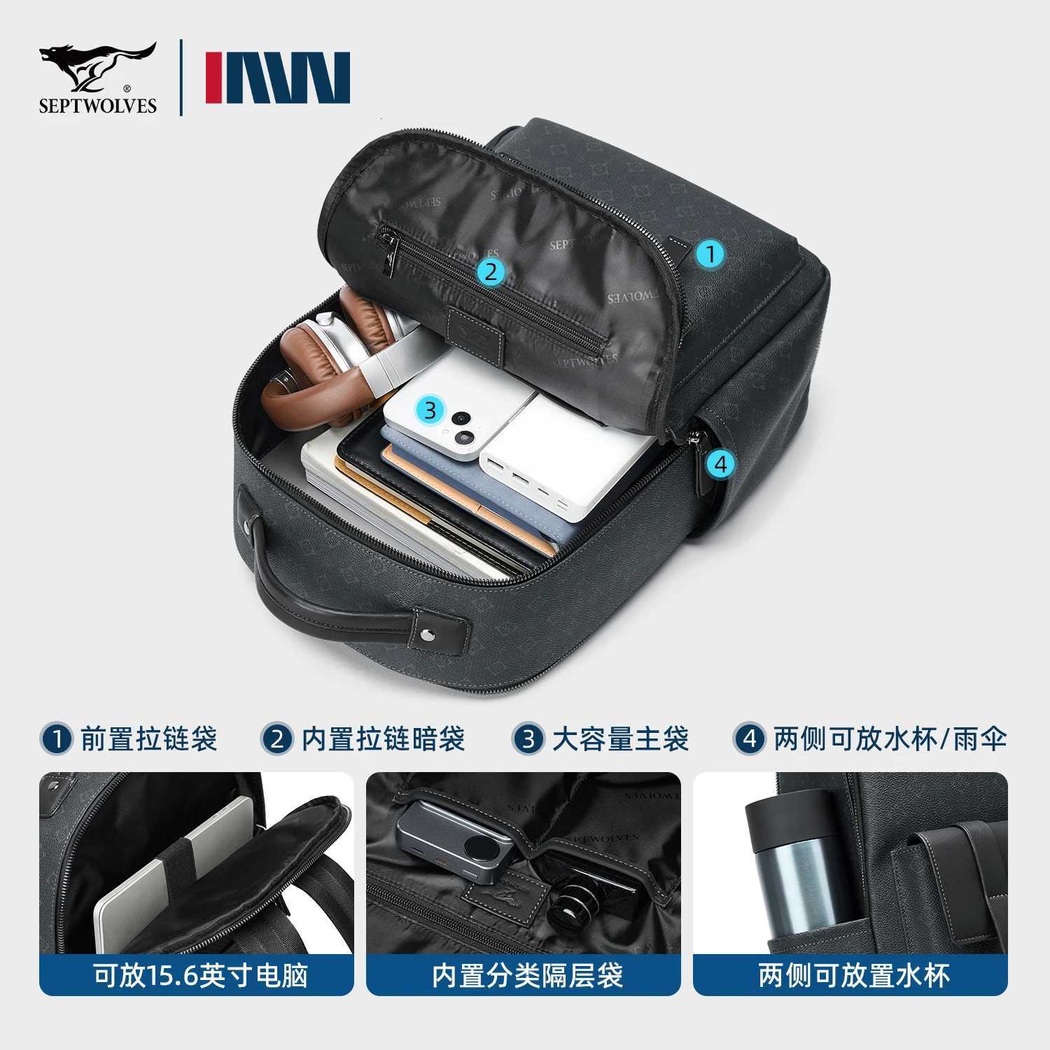 Septwolves Luxury Leather Backpack for Men Monogram Printed Stylish Laptop Backpack 15 Inch Travel Bag Black Business BackpackW251114
