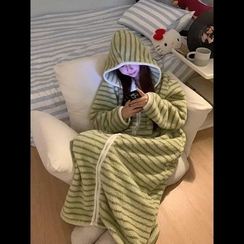 Striped Robe Women Korean One Piece Pajamas Hooded Nightgown Winter Zipper Fleece Thickened Warm Loungewear Home Suit 20250New C251115