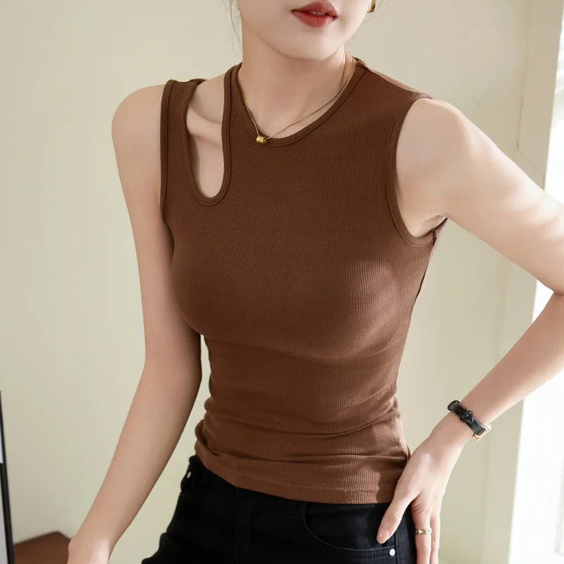 #0432 Black Brown Sleeveless Tank Top Women Hollow Out Irregular Tank Tops Tees Femme Stretch Cotton Skinny Short Tops Summer 250415
