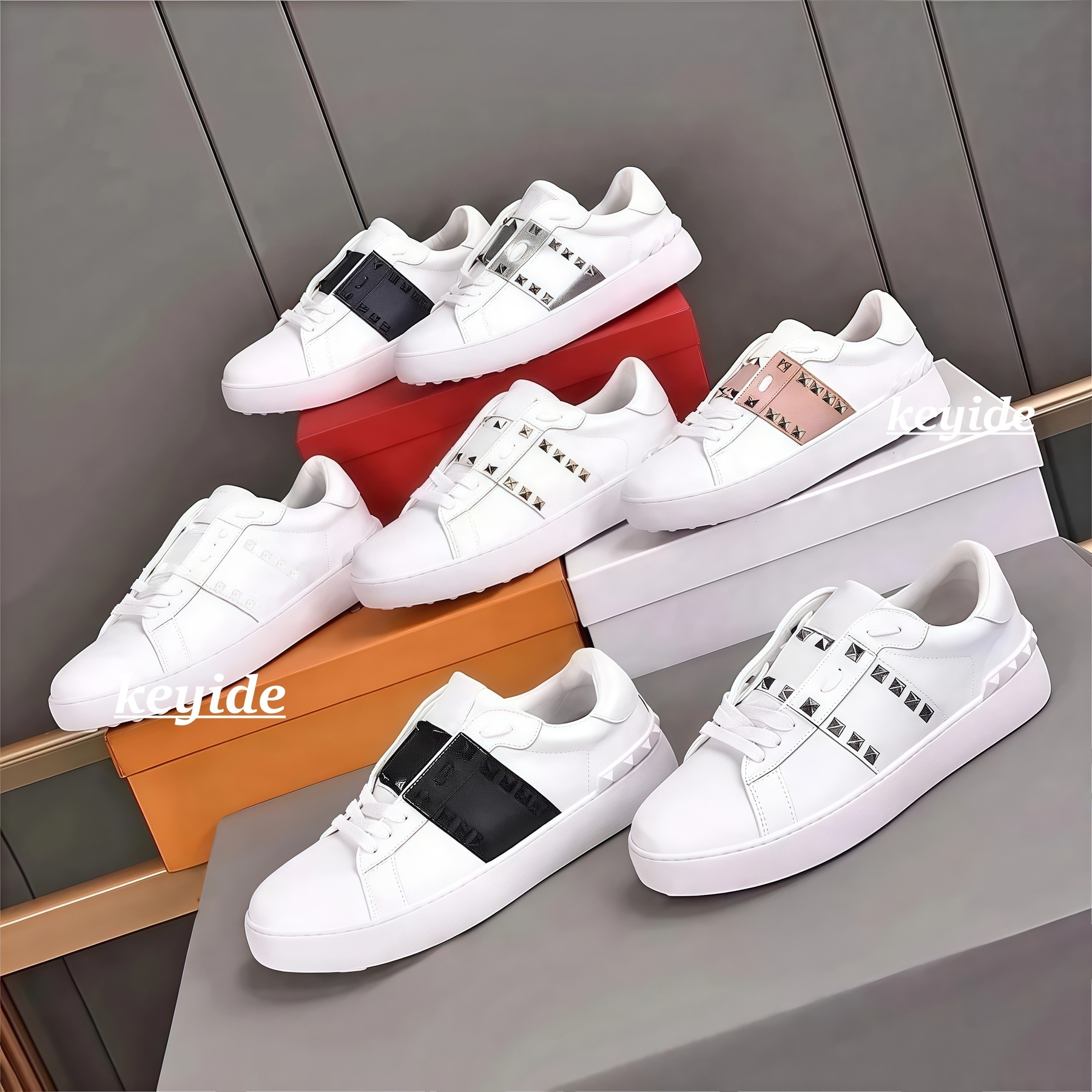 Designer Rivet Shoes Casual Men Women Shoes Low Flat Open Sneakers Platform Leather Retro Black White Pink Beige Luxury Calfskin Vintage Sports Tennis Shoes With Box