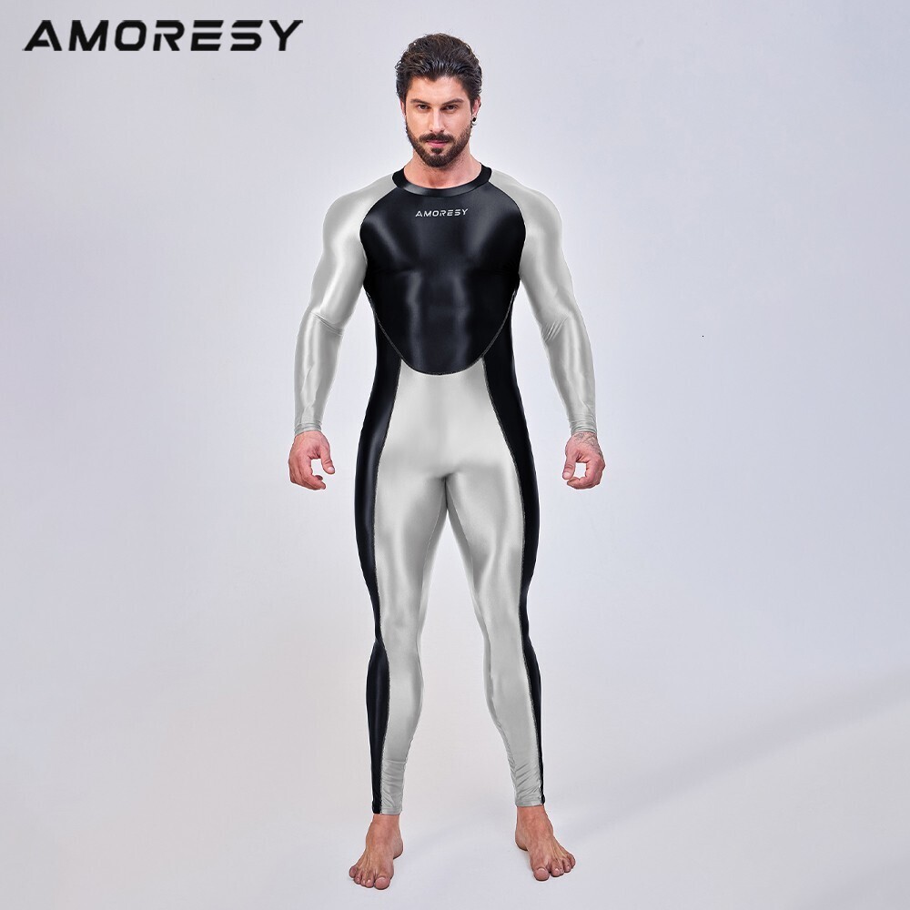 Men's Shiny AMORESY Glossy Bodysuit Jupsuits Fiess Overalls Sportswear Tights