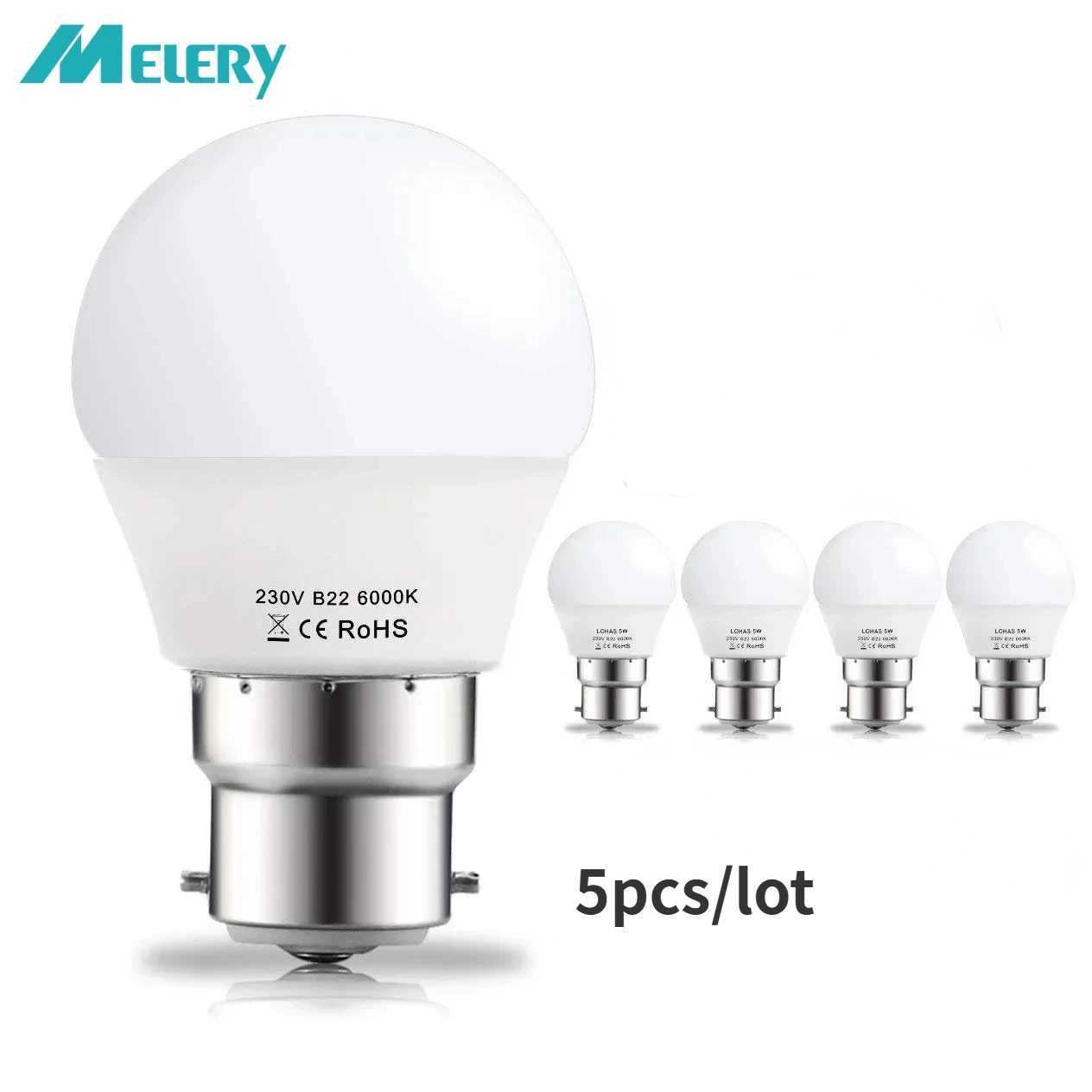 Melery B22 LED Light Bulb G45 5W Lamp Day White 6000K 400lm Bayonet Base 35W Incandescent Equivalent Energy Class A 5Pack C251115