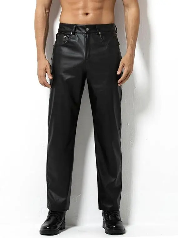 Arjen Kroos faux leather disco mens long leg casual mens pants 250410