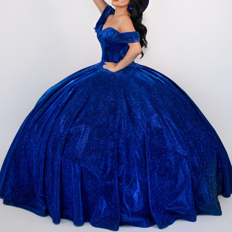 Royal Blue Shiny Princess Quinceanera Dresses Off Shoulder Sequin Applique Beading Tull Sweet 16 Dress Ball Gown Vestidos 15 Anos