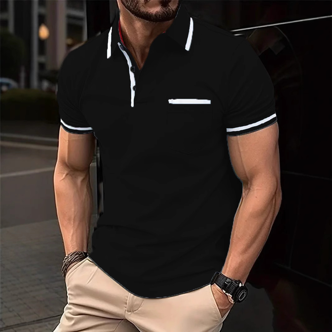 2025 Summer Casual Button Color blocked Pocket Mens Polo Shirt Sportswear