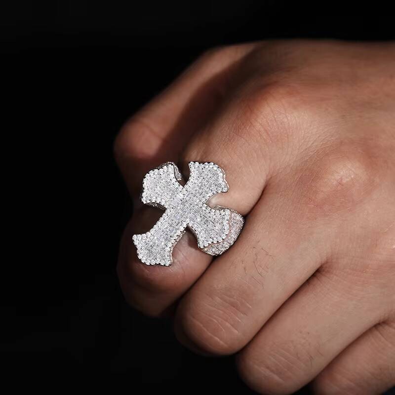 Wholesale High Quality Micro VVS Baguette Moissanite Cross Ring White Gold 925 Sterling Silver Hip Hop Rappers Jewelry for Men