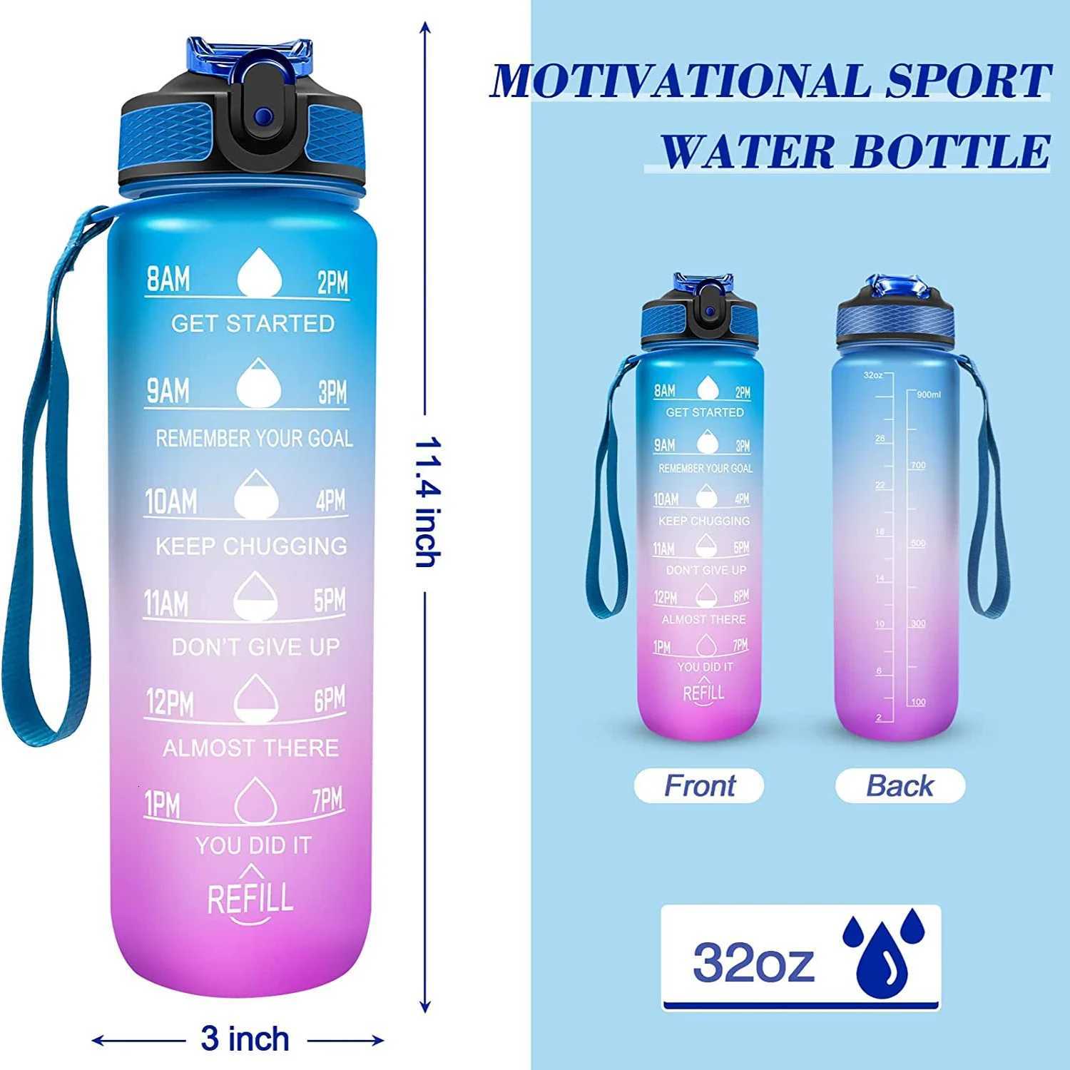 1L Sports Water Bottle with Straw and Time Marker Plastic Motivational Water Bottle Drinking Bottle Leakproof for Fitness GymW251114