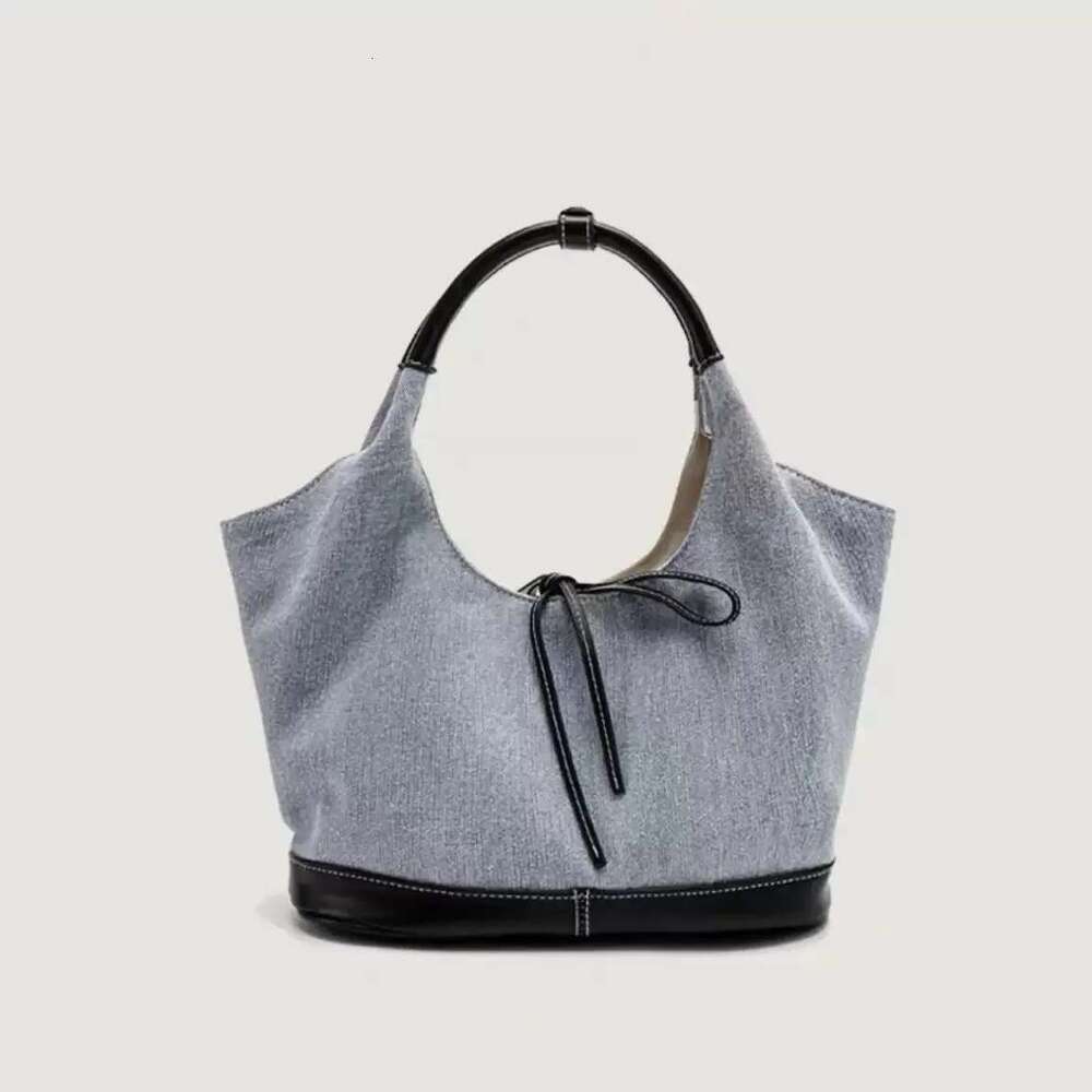Bow Denim Canvas Panels One Shoulder Armpit Tote Lazy Style Casual Large Capacity Bag Women