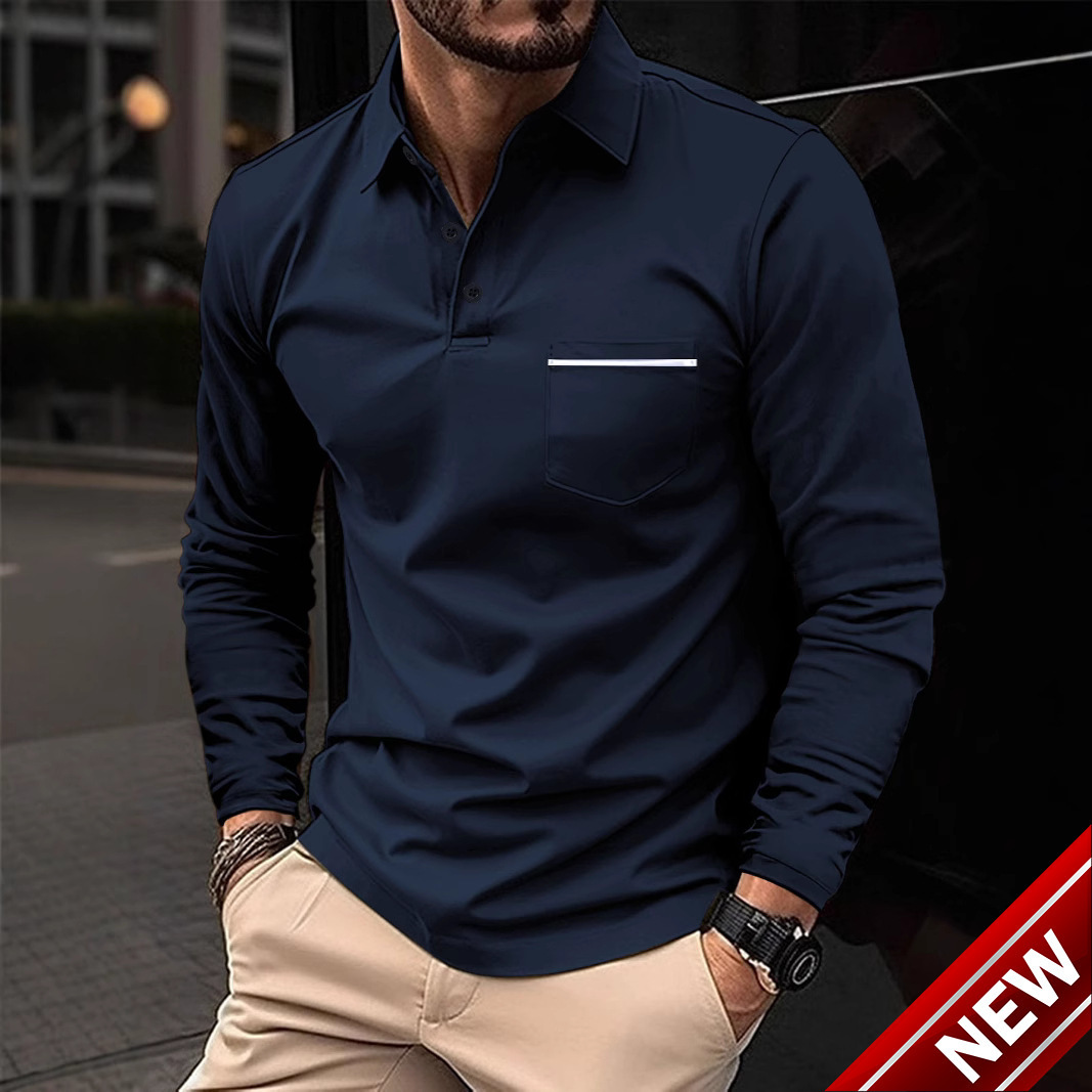 Fashionable mens polo shirt long sleeved lapel button pocket mens casual top