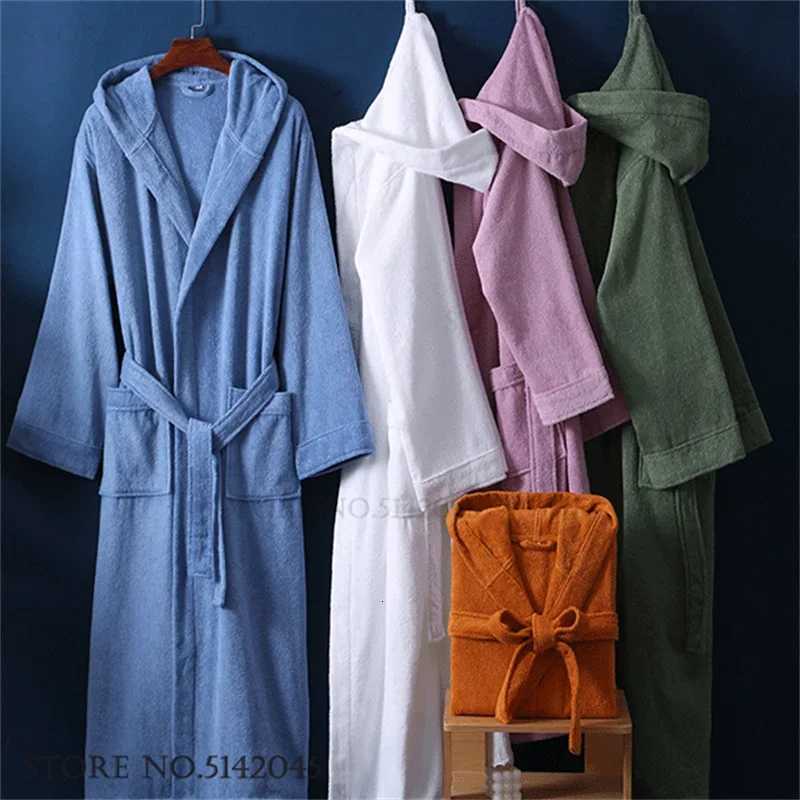 100 Cotton Sleepwear Autumn Winter Thicken Terry Towel Couple Bathrobe Kimono Gown Long Hooded Robe Loungewear Loose Home Dress C251115