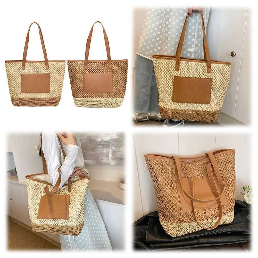 Womens Bohemian Shoulder Bag Large Capacity Straw Bag Handbag Contrastive Color Crochet Beach Bag Womens Summer Daily Bag W250415