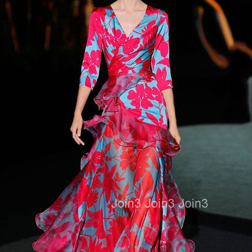 2025 New Dress Temperament Womens Printed Maple Leaf Slim Fit Multi-layer V-neck Long Skirt