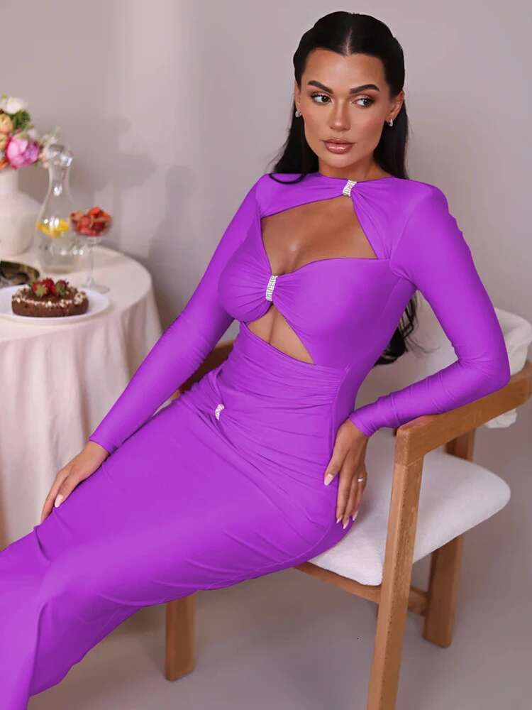 Mozision Elegant Hollow Sleeve Sexy Maxi For Women Solid Color Slim Fit Cut Out Club Party Long Dress New