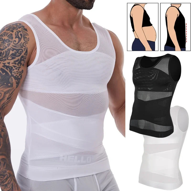 Mens Slimming Body Shaper Vest Gynecomastia Compression Shirts Tummy Control Sleeveless Undershirts Criss Cross Mesh Underwear 250415