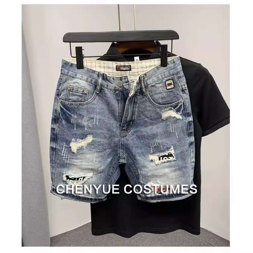 straight perforated denim shorts mens loose trendy instagram oversized cropped pants summer thin and scraped shorts