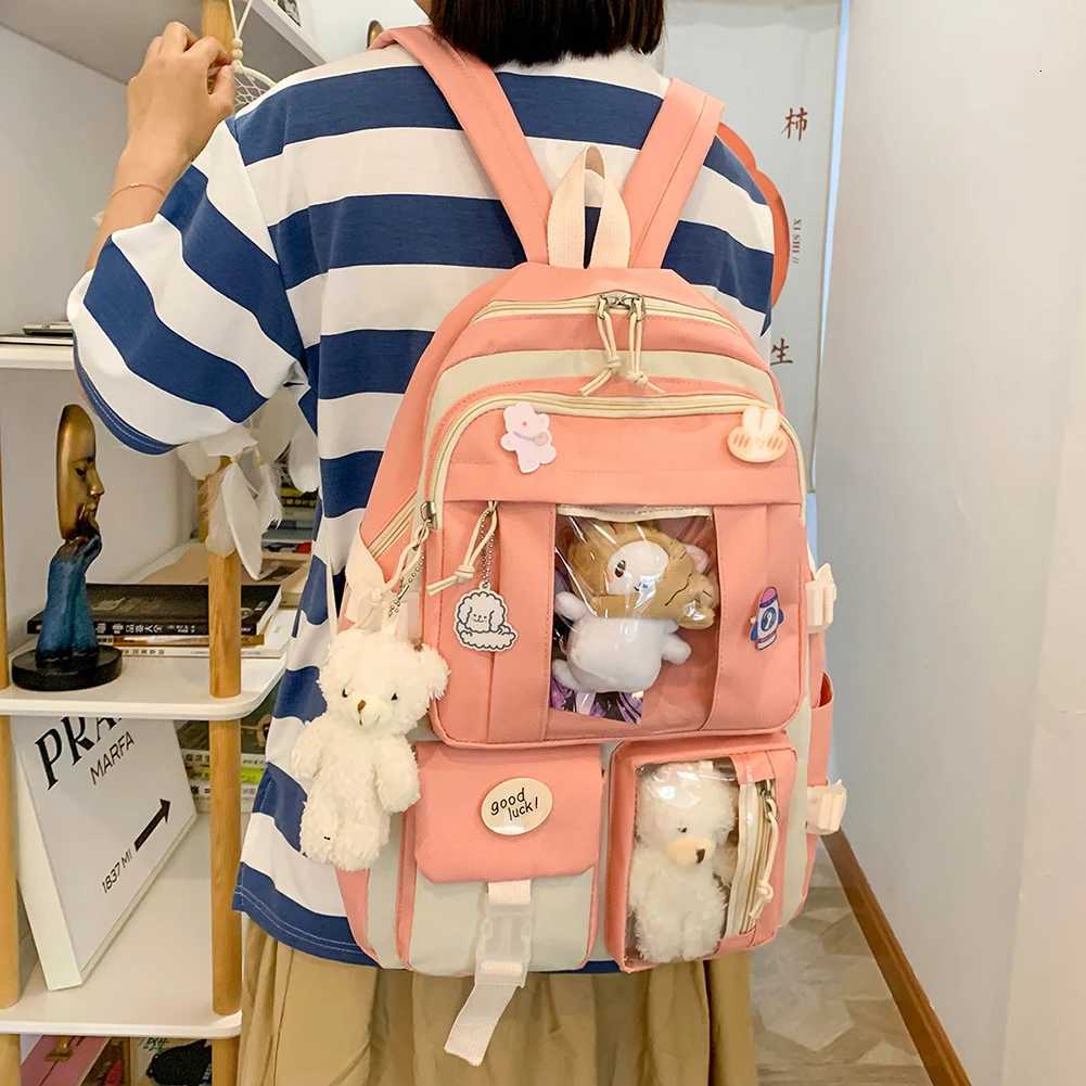 5pcs/set Kawaii Women Backpack Korean Cute Girl Bookbags Large Capacity Teenage Student School Bag Casual Canvas Travel RucksackW251114