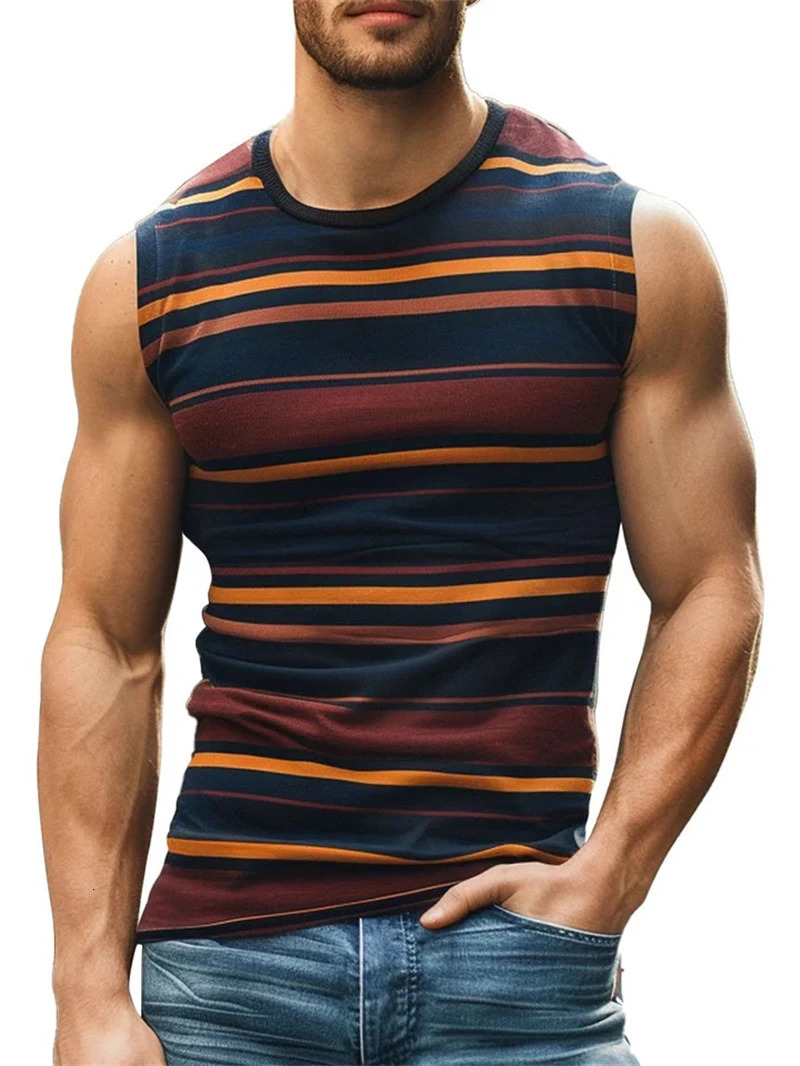 Simple Stripe 3D Printed Tank Tops For Men Fashion Summer Sleeveless Casual Sports Vest Retro Quick Dry Breathable Oversized Tee 250415