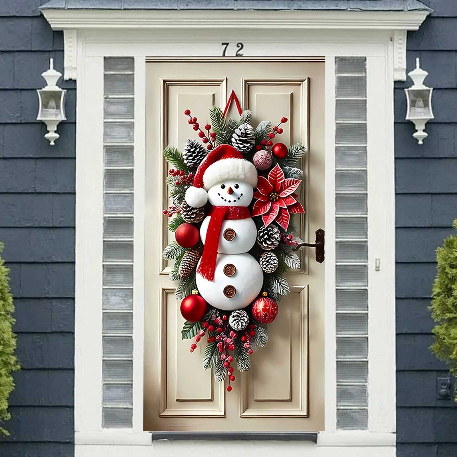 Christmas Snowman Wreath with Scarf Snowman Wreath Wall Hanging Winter Snowman Xmas Wreath for Holiday Home DecorationM251115