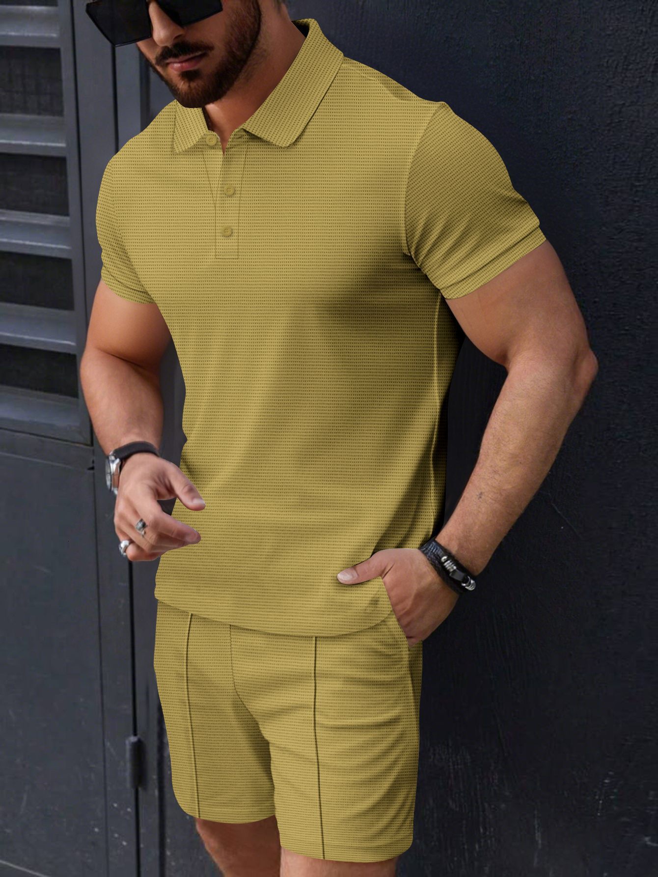 Summer fashion mens small square solid color lapel short sleeved polo shirt shorts casual breathable set