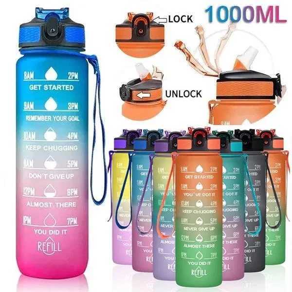1L Sports Water Bottle with Straw and Time Marker Plastic Motivational Water Bottle Drinking Bottle Leakproof for Fitness GymW251114