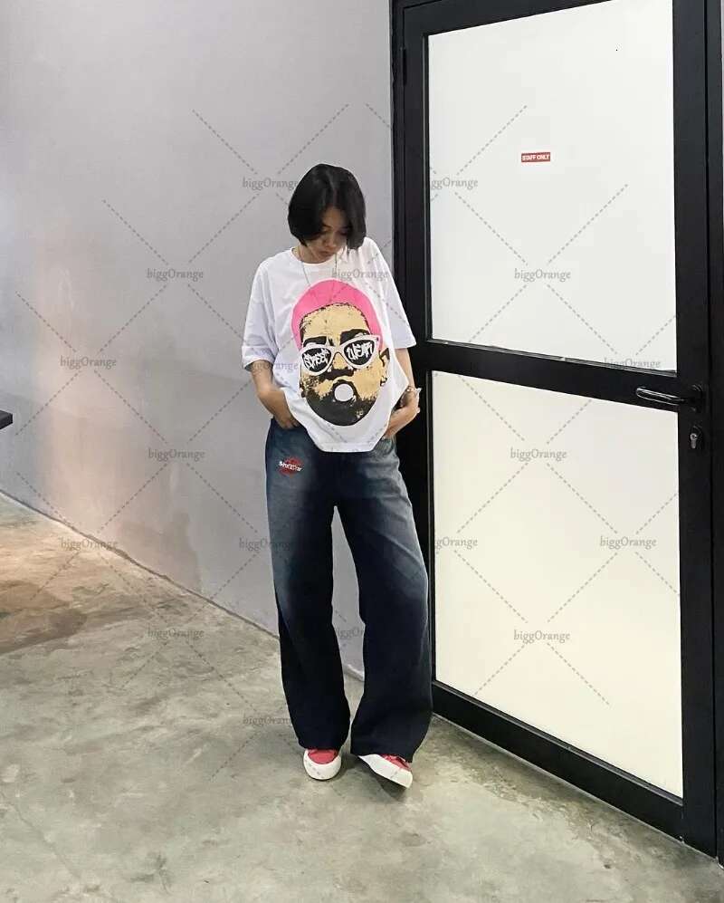 Cartoon Character Printed White Oversized Short-sleeved Women American Retro High Clothing Street Hip-hop Top T-shirt Men