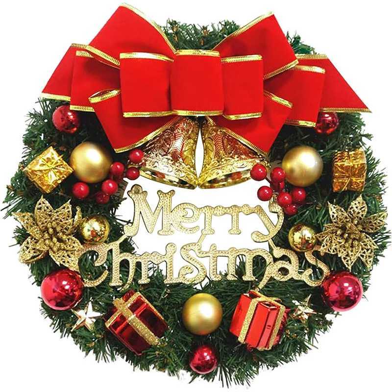 Christmas Wreath Front Door Hanging Ornaments Artificial Wreath Bell Gift Box Bow Stars for Christmas Tree Home Windows DecorM251115