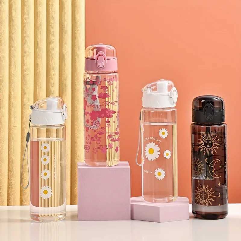 Lightweight Plastic Water Bottle with Daisy Design and Leak Proof Lid - Suitable for Office Home Gym Travel - Reusable CupW251114