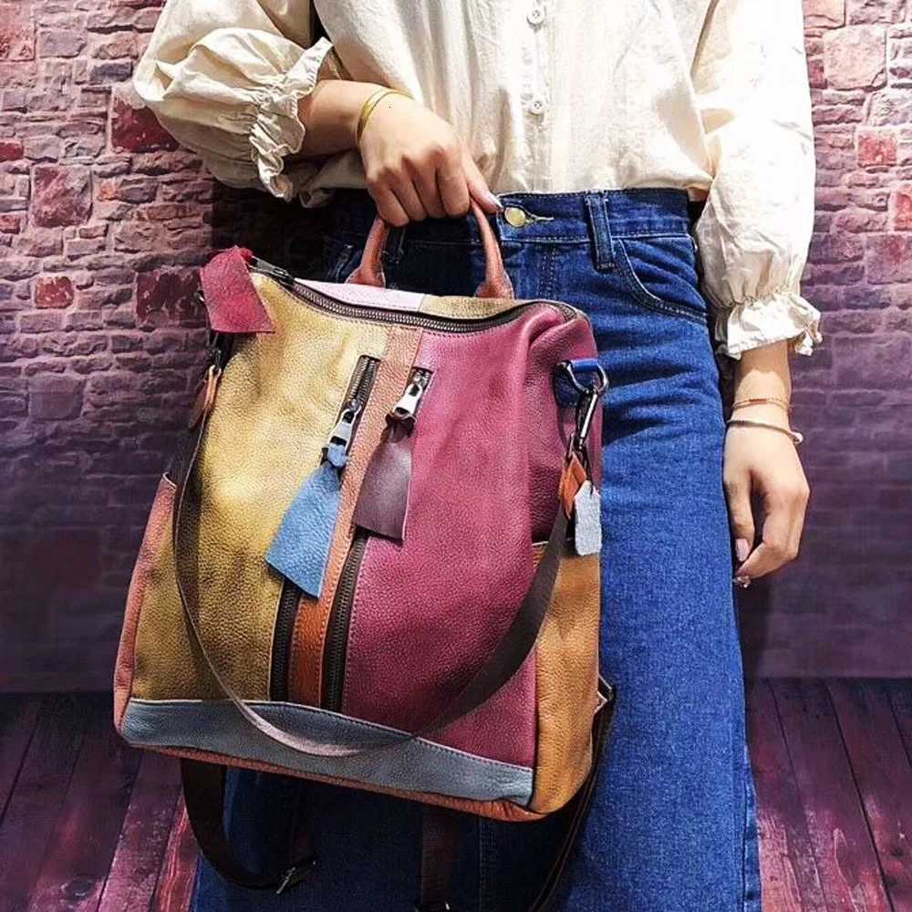 New Soft Cowhide Leather Backpack for Women Teens Vintage Patchwork School Bookbag with Keychain Durable Genuine Cowhide BagW251114