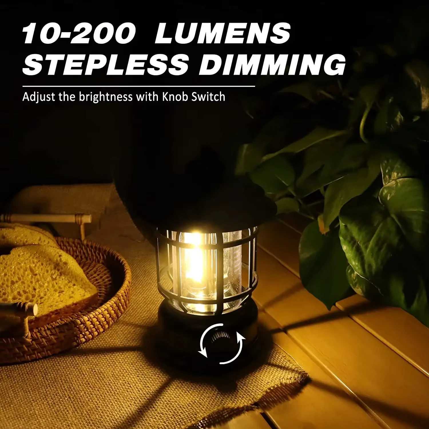Rechargeable Camping Lantern Stepless Dimming COB Portable Waterproof for Hiking Fishing Emergency Home Power Outages Indoor Out M251115