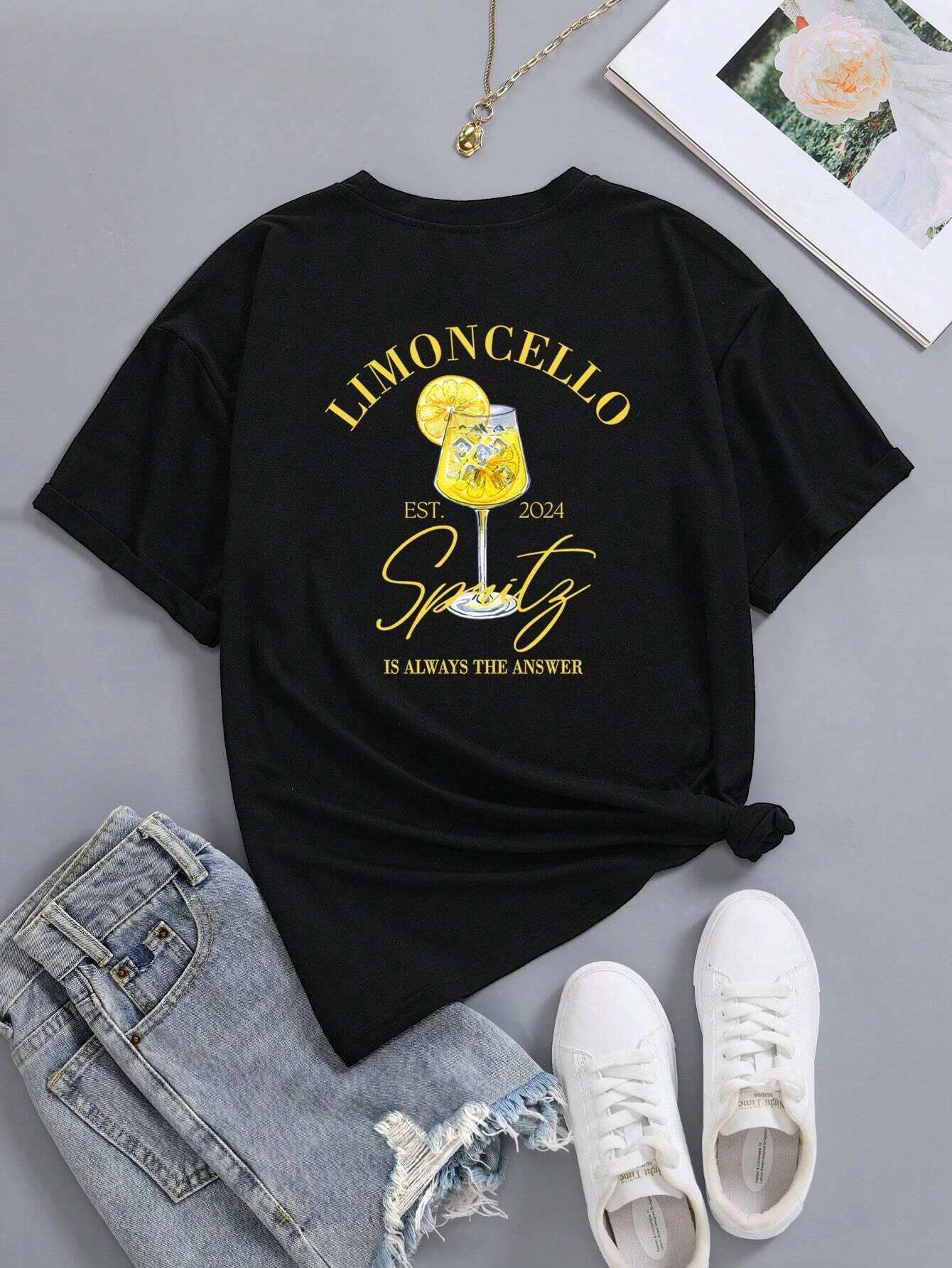 "Limoncello Spritz" Lettering Wine Glass Print T-shirt Casual and versatile summer short-sleeved tops for women