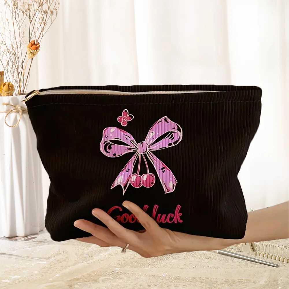 Corduroy Travel Makeup Bag Pink Bow Portable Makeup Storage Bag Wallet Large Capacity Zipper Toilet Organizer CluhXJ250415
